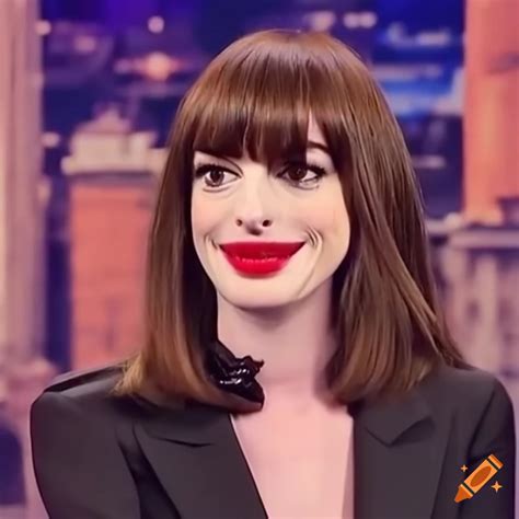 Anne Hathaway Getting Her Bangs Trimmed On A Talk Show On Craiyon