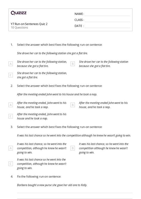 Run On Sentences Worksheets For Th Grade On Quizizz Free Printable