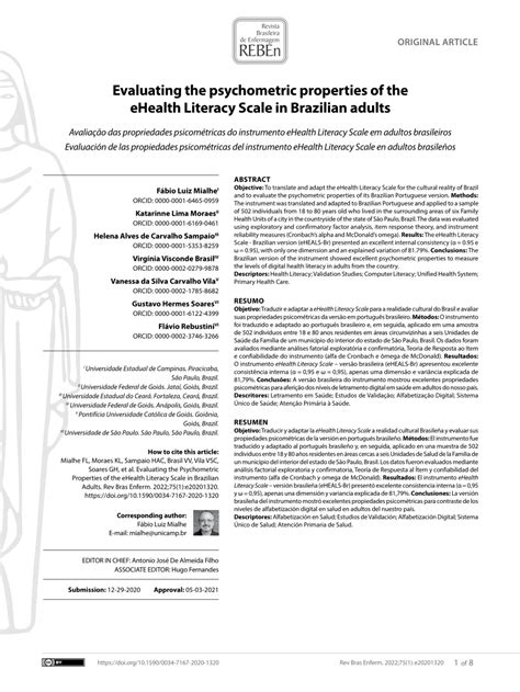 Pdf Evaluating The Psychometric Properties Of The Ehealth Literacy Scale In Brazilian Adults