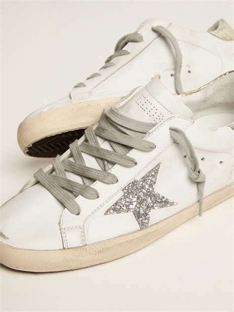 Super Star Sneakers With Silver Glitter Star And Glossy Gold Leather