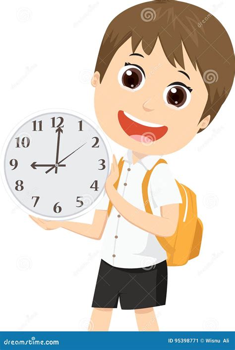 Cute School Boy With Backpack Showing Clock Stock Vector Illustration