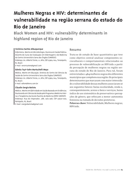 Pdf Mulheres Negras E Hiv Determinantes De Vulnerabilidade Na Regi O