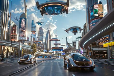 Premium Photo Futuristic Metropolis With Flying Cars And Hologra