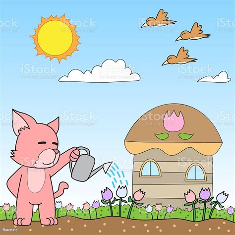 Cartoon Drawing Cat Watering Stock Illustration Download Image Now