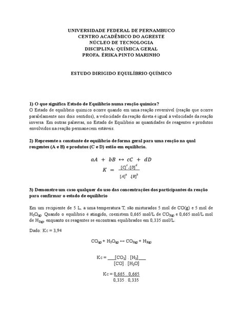 Exercícios Equilíbrio Químico Pdf Equilíbrio Químico Reações Químicas