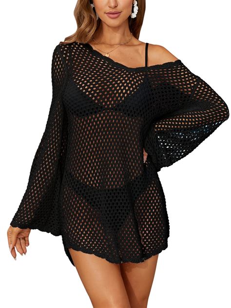 Attraco Women Crochet Hollow Out Swimsuit Cover Up Bell Sleeve Beach