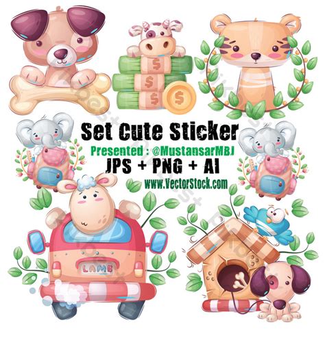 6 Animals Stickers | Set Cute Sticker Seamless Pattern Graphics Png PNG ...