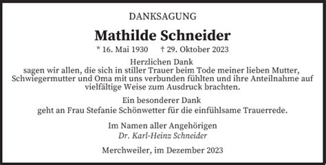 Traueranzeigen Von Mathilde Schneider Saarbruecker Zeitung Trauer De