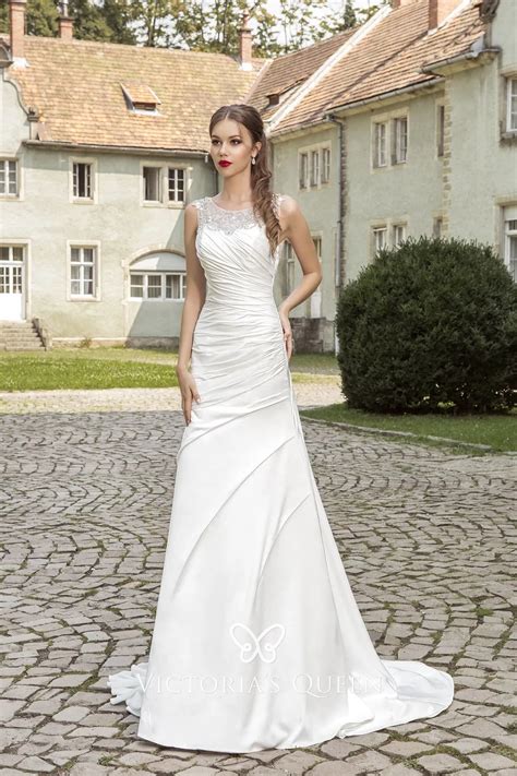 Beaded Neckline Ruched Ivory Satin Long Wedding Dress - VQ