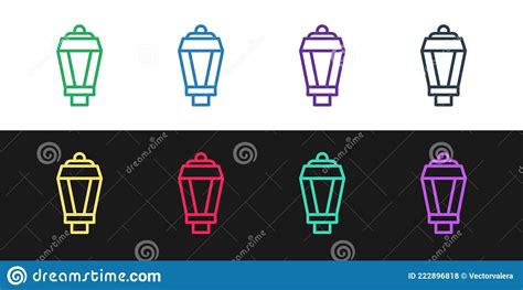 Set Line Garden Light Lamp Icon Isolated On Black And White Background