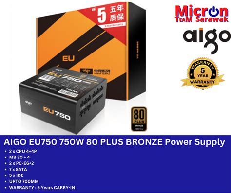 AIGO EU750 750W 80 PLUS BRONZE Power Supply W 14CM Smart Fan