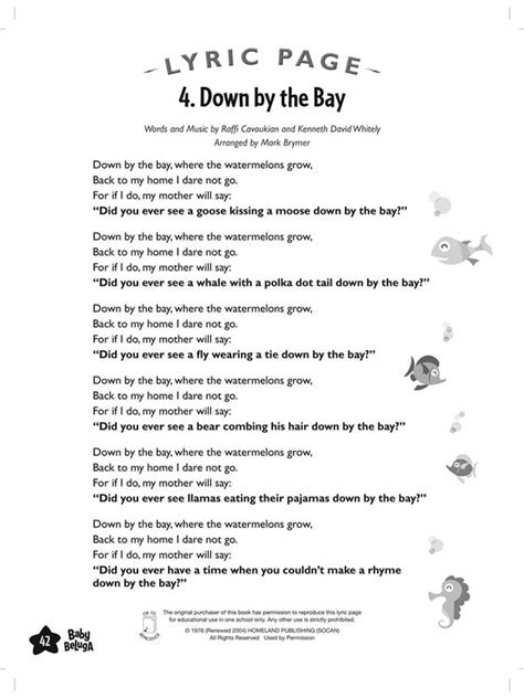 Printable Lyrics To Down By The Bay