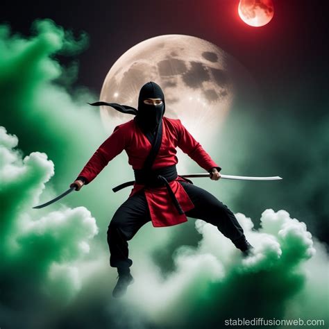 Ninja In Red And Black Soaring Toward Moon Stable Diffusion Online