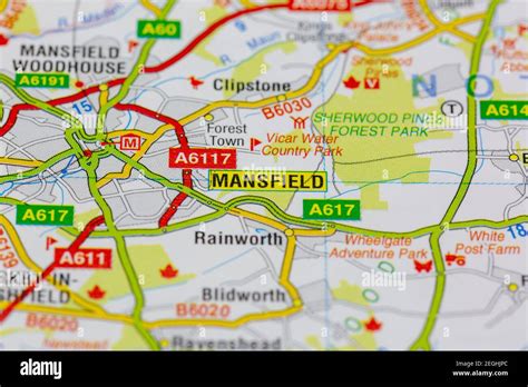 Mansfield and surrounding areas shown on a road map or geography map