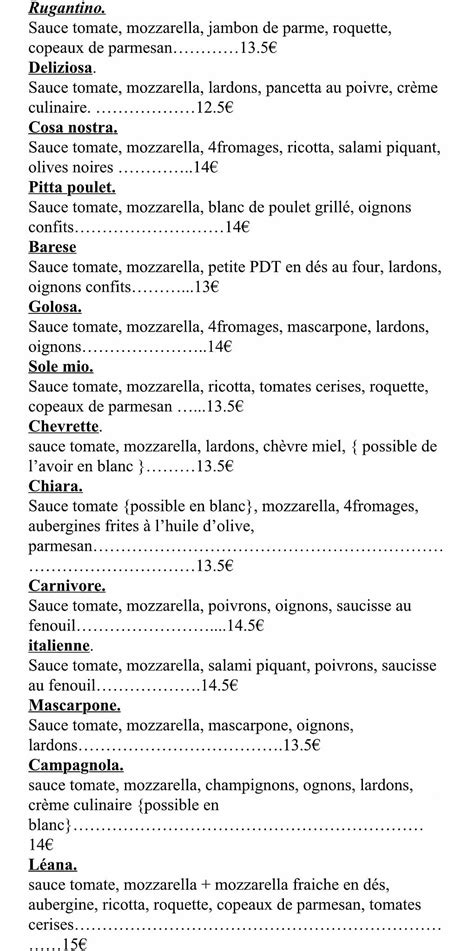 Menu au Les Délices d Italie Farciennes