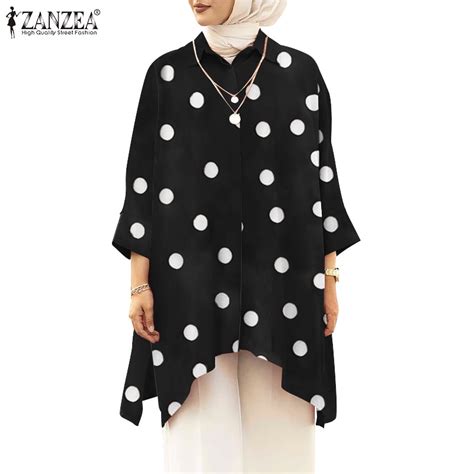 Zanzea Women Muslim Loose Long Sleeve Polka Dots Printed Irregular Hem