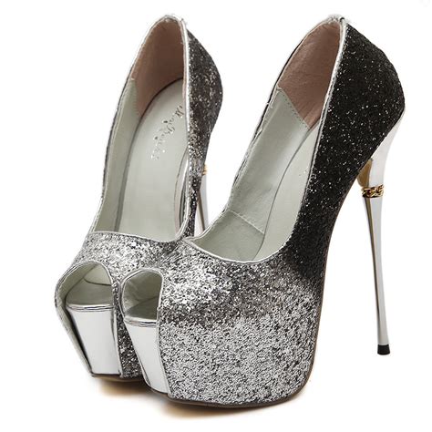 Silver Peep Toe Sequins Slip On High Heels Platform Women Pumps Fashion