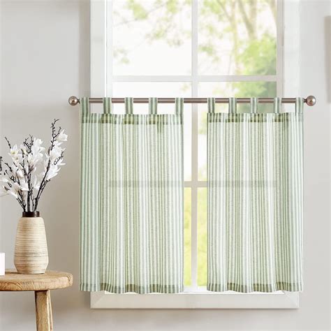 TOPICK Spring Green Striped Small Curtains 36 Inch Drop Linen Kitchen