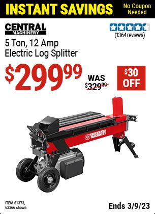 CENTRAL MACHINERY 5 ton Log Splitter for $299.99 – Harbor Freight Coupons