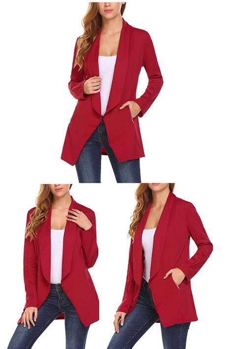 Elesol Womens Turn Down Collar Long Sleeve Casual Work Open Front Cardigan Blazer Wine Red