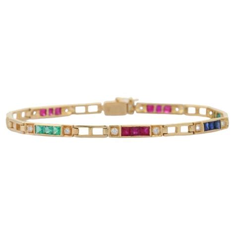 Genuine Square Cut Emerald Ruby And Sapphire Tennis Bracelet In 18k Yellow Gold For Sale At 1stdibs