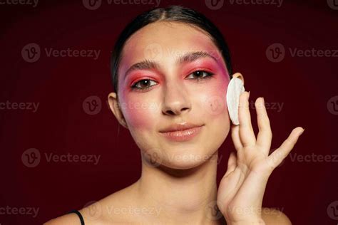 Sexy Brunette Woman Pink Face Makeup Posing Attractive Look Skin Care Cropped View Unaltered