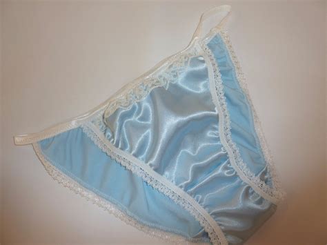 PALE BLUE Shiny SATIN Panties MINI TANGA String Bikini Ivory Lace Made In France EBay UK