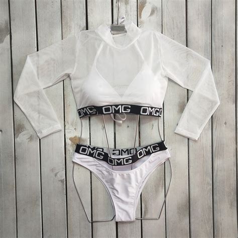 Sexy Women Bikini Set Long Sleeve Mesh T Shirt Cover With Bra Etsy