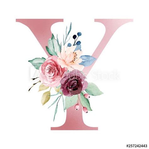 Floral Alphabet Letter Y With Watercolor Flowers And Leaf Monogram