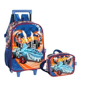 Kit Escolar Mochila De Rodinhas E Lancheira Hot Wheels Azul Luxcel