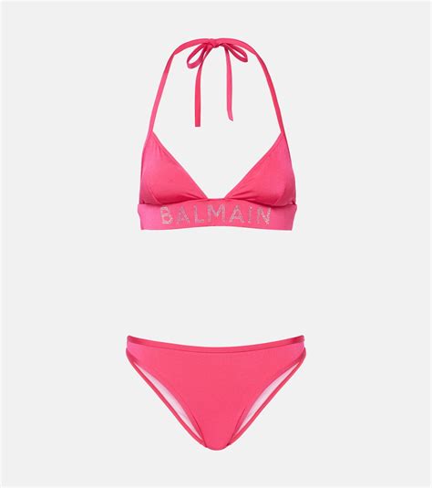 Logo Crystal Embellished Bikini In Pink Balmain Mytheresa