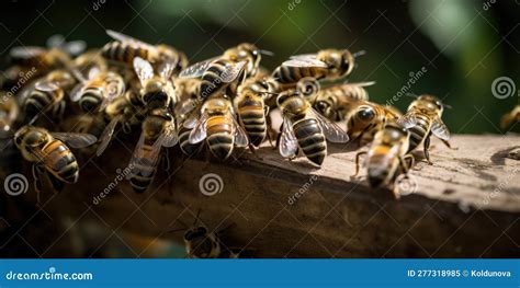 A Colony Of Bees Buzzing Around Their Hive Collecting Nectar Concept