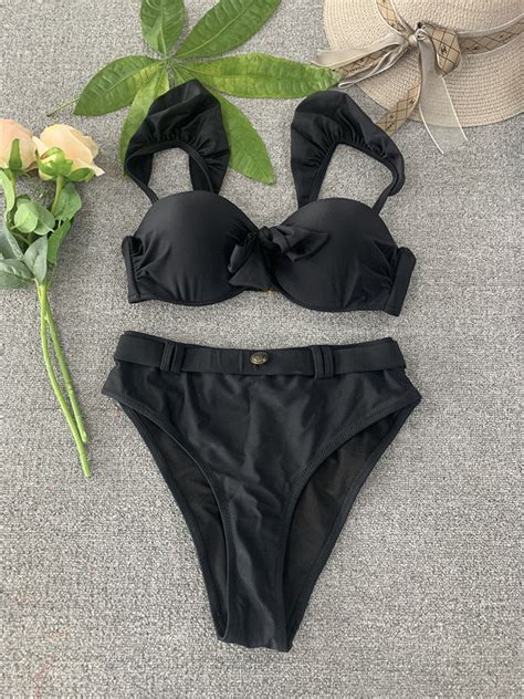 Solid Black Ruffled Split Swimsuit Women Sexy Lace Up Swimwear New Bikini Diamond Rhinestone