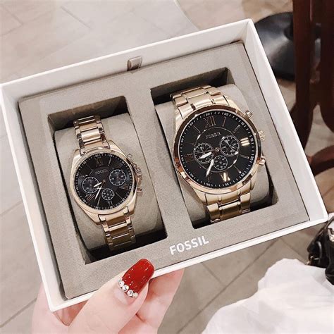 Fossil Quartz Bq2400 His And Her Chronograph Gold Tone Stainless Steel