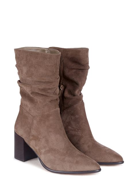 Mocha Suede Western Style Ruched Boot With Leather Stacked Heel Linzi