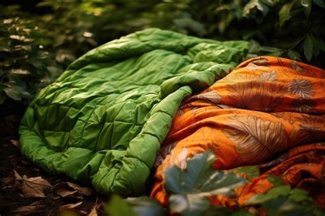 Premium AI Image | Closeup of camping sleeping bag on leafy ground