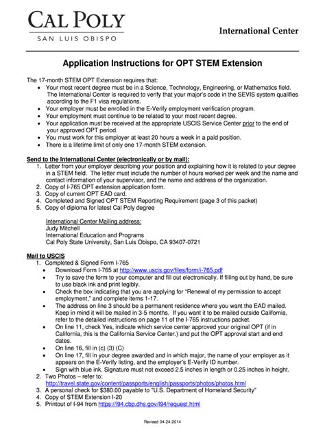 Fillable Online International Calpoly Opt Stem Extension Handout Cal