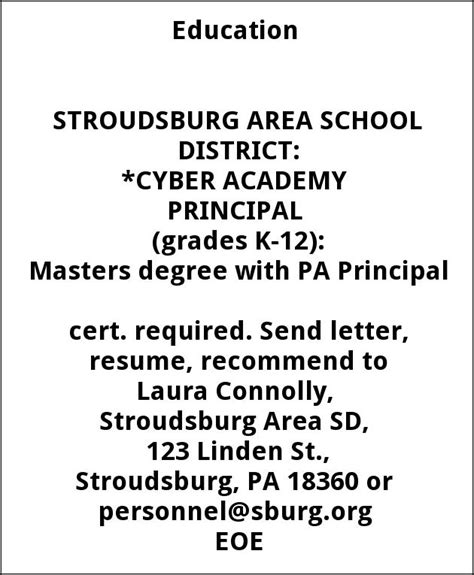 Cyber Academy Principal, Stroudsburg Area School District, Stroudsburg, PA