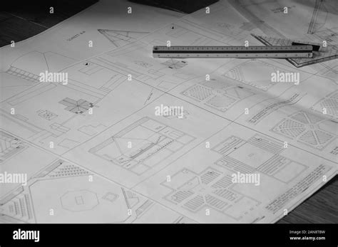 blueprint   church building  paper  triangle ruler stock