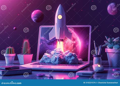 A Computer Screen Shows A Rocket Launching Into Space Stock