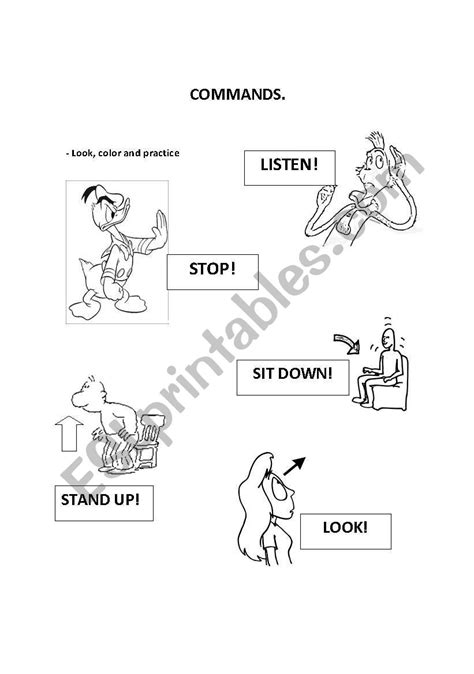 Commands Listen Look Sit Down Stand Up Stop Esl Worksheet By