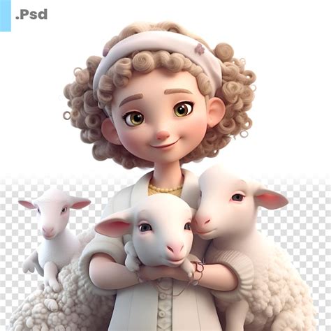 Niña con oveja en un fondo blanco plantilla de renderización psd en 3d