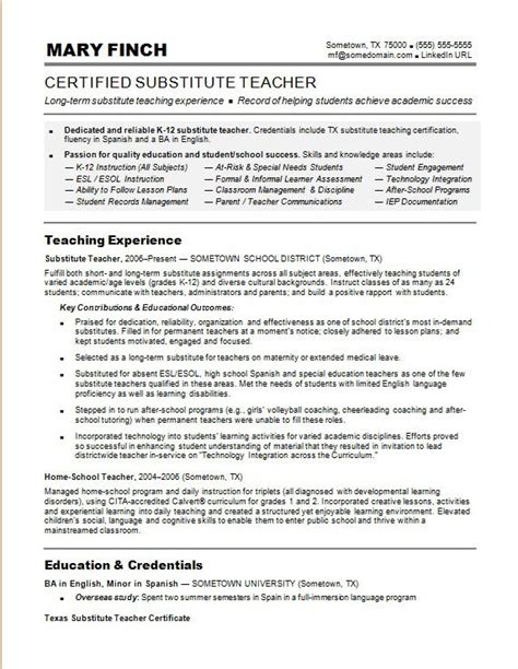 Substitute Teacher Resume Sample