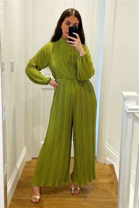 Olive Green High Neck Pleated Jumpsuit With Open Bow Back New In From