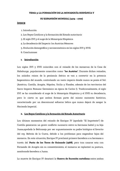 SOLUTION Tema 3 La Monarqu A Hisp Nica 1474 1700 Revisado Definitivo