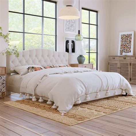 Harper And Bright Designs Beige Wood Frame King Size Linen Upholstered Platform Bed With Saddle