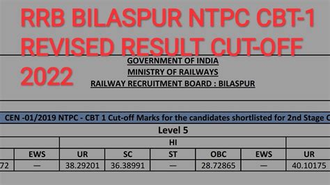 RRB BILASPUR NTPC CBT 1 REVISED RESULT CUT OFF 2022 YouTube