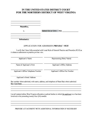 Fillable Online Wvnd Uscourts Application For Admission Pro Hac Vice