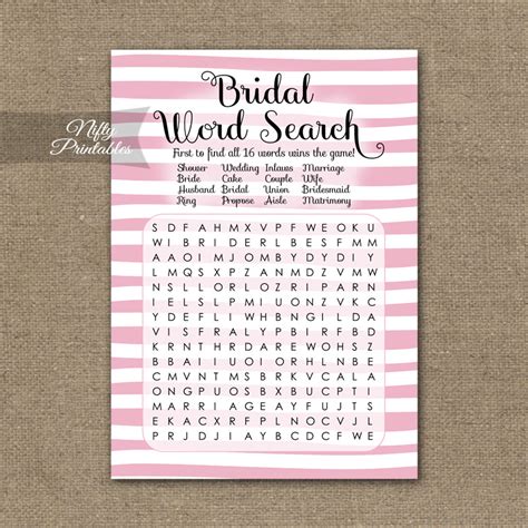 Bridal Shower Word Search Game Pink Drawn Stripe Nifty Printables