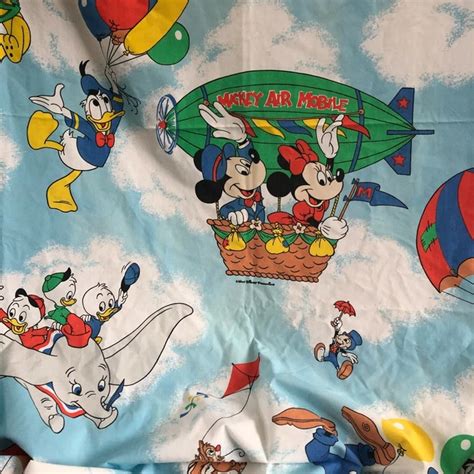 Vtg Disney Hot Air Balloon Mickey Mouse Twin Flat Sheet Minnie Dumbo Donald Duck